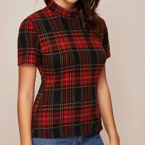 Plaid Print Mock Neck Tee